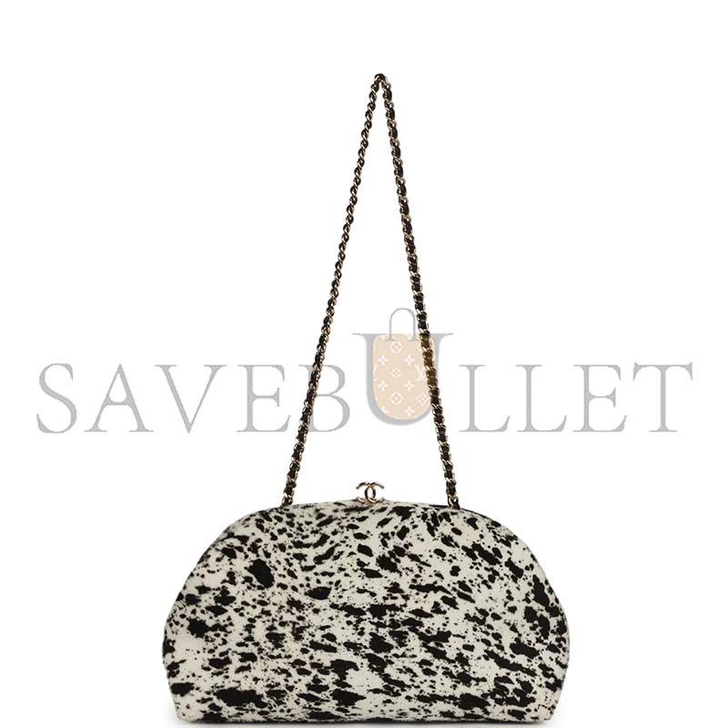 Ch**el MASTER DALMATIAN PRINT CLUTCH WITH CHAIN BLACK WHITE PONY HAIR GOLD HARDWARE (26*17*12cm)